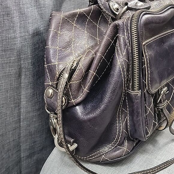 Serpui Marie RARE Brown Leather Duffle Shoulder Bag Cross Stitch, Double Handle - Picture 6 of 14